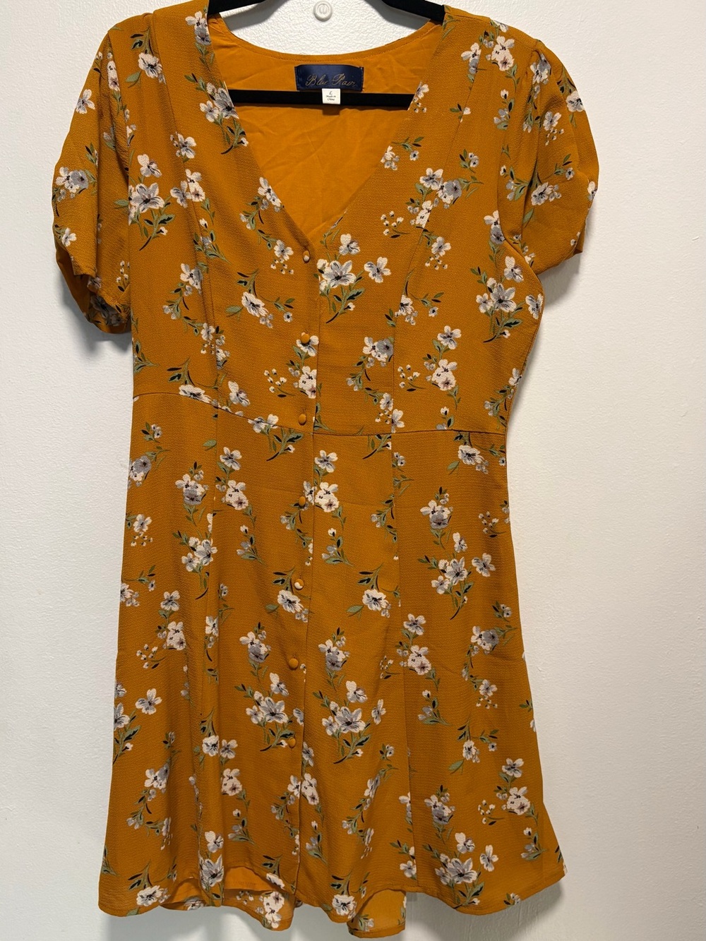 NWOT Blue Rain Floral V-Neck Short Sleeve Dress - Mustard